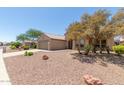Lovely single-story home with desert landscaping, including mature trees, offering curb appeal and shade at 15874 W Wildflower Dr, Surprise, AZ 85374