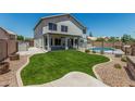 Large grassy backyard featuring a pool with secure iron fencing at 1847 W Leah Ln, Gilbert, AZ 85233