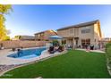 Spacious backyard with a sparkling pool, green artificial turf, patio area, and well-manicured landscaping perfect for outdoor activities at 3031 S Cortland --, Mesa, AZ 85212