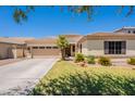 Charming single-story home featuring a well-manicured lawn, desert landscaping, and a spacious two-car garage at 4235 S Snowcap Dr, Gilbert, AZ 85297