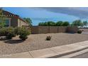 Desert landscaped side yard featuring a well-maintained rock bed, block wall and mature foliage at 42087 W Manderas Ln, Maricopa, AZ 85138