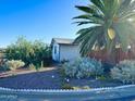 Quaint single story home with desert landscaping, and mature palm tree on a sunny day at 433 S 113Th Pl, Mesa, AZ 85208