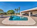 Inviting backyard pool with clear blue water, surrounded by lush landscaping and a covered patio at 6615 E Phelps Rd, Scottsdale, AZ 85254