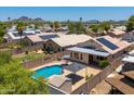 Aerial view of residential backyard with a sparkling pool, patio, and lush greenery at 316 W Kelton Ln, Phoenix, AZ 85023