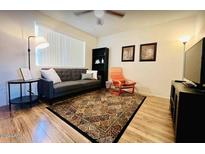 Cozy living room featuring a sofa, armchair, and large area rug at 1750 E Mateo Cir # 105, Mesa, AZ 85204