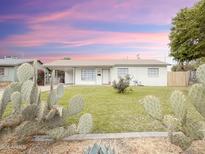 Charming single-story home with a well-maintained lawn, mature cacti, and a covered carport at 634 S Pasadena --, Mesa, AZ 85210