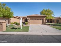 Single-story home with a two-car garage and well-manicured landscaping at 9612 E Champagne Dr, Sun Lakes, AZ 85248