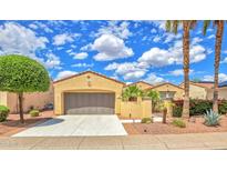 Charming single-Gathering home showcasing desert landscaping, palm trees, and an attached two-car garage at 13668 W Figueroa Dr, Sun City West, AZ 85375