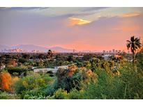 Expansive city skyline view at sunset, complemented by lush greenery and palm trees in the foreground at 4836 E White Gates Dr, Phoenix, AZ 85018