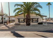 Tan single-wide manufactured home with covered carport, mature palm trees, and rock landscaping at 16246 N 32Nd Way, Phoenix, AZ 85032