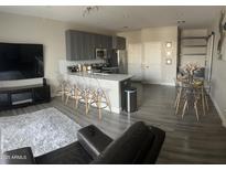 Open-concept living space featuring modern kitchen, dining area, and cozy living room at 1406 W Main St # 140, Mesa, AZ 85201