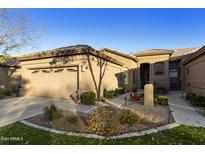 Tan stucco house with a two-car garage and landscaped yard at 9634 E Rocky Lake Dr, Sun Lakes, AZ 85248