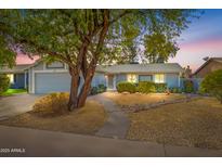 Charming single-story home featuring desert landscaping, mature tree, and welcoming walkway to the front door at 6819 E Grandview Dr, Scottsdale, AZ 85254