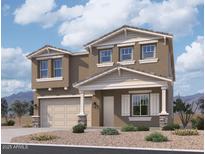 Two-story house with beige exterior, three-car garage, and landscaping at 22820 E Lords Way, Queen Creek, AZ 85142