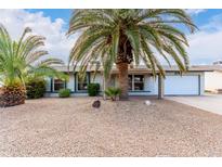 Single-story home with a landscaped front yard, palm trees, and a two-car garage at 10517 W Diana Ave, Peoria, AZ 85345