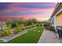 Beautiful backyard featuring artificial turf, rock beds, and a wrought iron fence with mountain views at 20363 W Coolidge St, Buckeye, AZ 85396