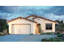 One-story house with Spanish-style architecture, featuring a two-car garage and desert landscaping at 12221 W Lonesome Trl, Peoria, AZ 85383