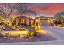 Beautiful desert landscape surrounds this single-story home with a three-car garage at 1075 W Desert Aster Rd, San Tan Valley, AZ 85143