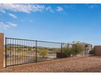 Modern black metal fence encloses backyard, offering privacy and a view of the neighborhood at 31817 N 124Th Dr, Peoria, AZ 85383