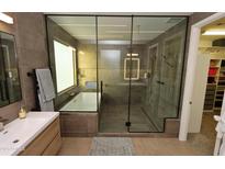Modern bathroom featuring a walk-in shower, soaking tub, and sleek fixtures at 9750 E Radioactive Dr, Mesa, AZ 85212