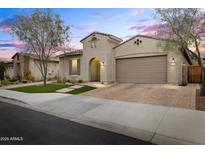 Charming single-story home with a well-manicured lawn, paver driveway, and two-car garage at 25891 N 104Th Dr, Peoria, AZ 85383