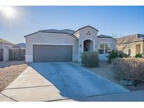 Single-story home with gray exterior, two-car garage, and landscaping at 10421 E Cliffrose Ln, Florence, AZ 85132