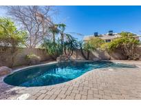 Inviting kidney-shaped pool with brick patio and lush landscaping at 1640 N Sawyer --, Mesa, AZ 85207