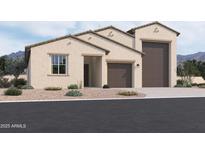Tan two-story house with a large brown garage door and landscaping at 47250 W Mellen Ln, Maricopa, AZ 85139