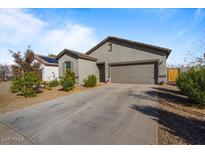 Single-story home with gray exterior, two-car garage, and landscaped front yard at 25587 N Boreas Rd, Florence, AZ 85132