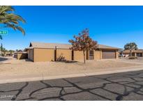 Tan brick single-story home with a brown garage door and desert landscaping at 9714 W Rodeo Ct, Sun City, AZ 85373