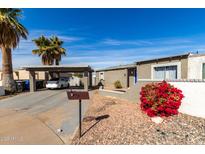 Single-story home featuring a carport, desert landscaping with red flowering bush, and a blue front door at 4124 N 105Th Ln, Phoenix, AZ 85037