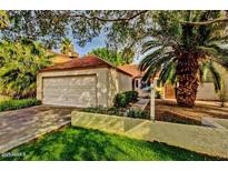 Charming single-story home with attached two-car garage, manicured lawn, and mature palm tree at 5121 W Jupiter Way, Chandler, AZ 85226