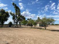 Aerial view of a single story home on acreage with a large yard and mature trees at 51989 W Esch Trl, Maricopa, AZ 85139