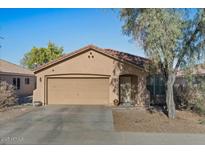 Single-story house with a tan exterior, attached garage, and mature tree in front at 2716 W Allens Peak Dr, San Tan Valley, AZ 85144