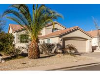 Two-story house with tan exterior, tile roof, and a palm tree in the front yard at 3818 N Lomond Cir, Mesa, AZ 85215