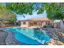 Inviting kidney-shaped pool with brick coping, surrounded by a lush, tree-shaded backyard at 10927 E Cholla Rd, Mesa, AZ 85207