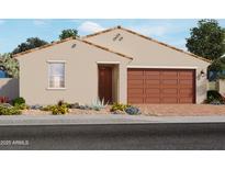 One-story home with tan exterior, brown garage door, and landscaping at 4232 W Hannah St, San Tan Valley, AZ 85144