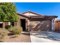 Single-story home with brown brick exterior, two-car garage, and landscaped front yard at 25823 N 122Nd Ln, Peoria, AZ 85383