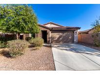 Single-story home with brown brick exterior, two-car garage, and landscaped front yard at 25823 N 122Nd Ln, Peoria, AZ 85383