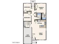 One-story home floor plan featuring 3 bedrooms, 2 baths, kitchen, great room and 1-bay garage at 9494 W Raven Dr, Arizona City, AZ 85123