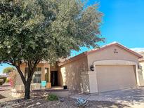 Charming single-story home featuring a well-manicured front yard with mature tree and covered porch at 5028 S Peachwood Dr, Gilbert, AZ 85298