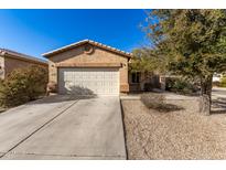 One-story house with tan exterior, two-car garage, and desert landscaping at 28452 N Crimm Rd, San Tan Valley, AZ 85143