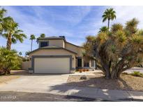 Inviting single-Gathering home with a two-car garage and desert landscaping featuring mature palm trees at 3024 E Siesta Ln, Phoenix, AZ 85050