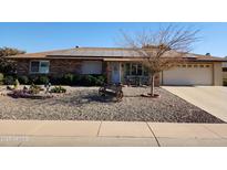 Ranch-style home with solar panels, desert landscaping, and a two-car garage at 12411 N Cantata Ct, Sun City, AZ 85351