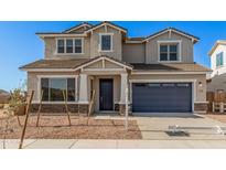 Two-story house with a gray exterior, blue garage door, and landscaping at 23472 S 210Th St, Queen Creek, AZ 85142