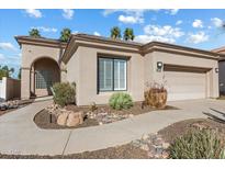 Single-story home with a two-car garage and landscaped front yard at 11850 E Del Timbre Dr, Scottsdale, AZ 85259