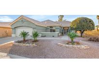 Single-story home with a two-car garage and landscaped front yard at 22110 N Lobo Ln, Sun City West, AZ 85375