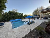 Inviting backyard oasis featuring a sparkling pool, patio, and lush landscaping at 31655 N 131St Ave, Peoria, AZ 85383