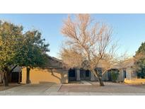 Tan one-story house with attached garage and mature landscaping at 2828 E Blackhawk Dr, Phoenix, AZ 85050