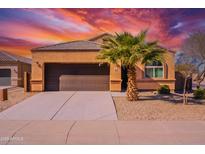 Charming single-story home featuring a brown garage door, desert landscaping, and a vibrant palm tree at 41838 W Chatham Pl, Maricopa, AZ 85138